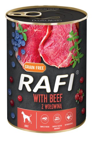 RAFI kutya pástétom marha, vörös- és kék áfonyával konzerv 400g