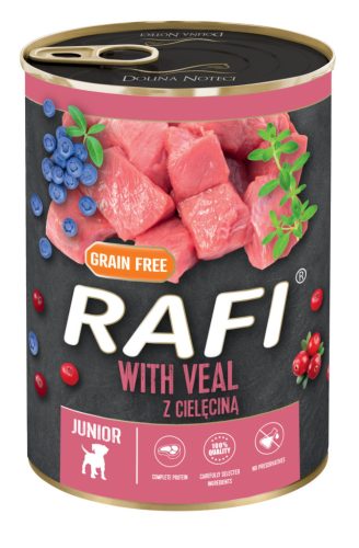 RAFI Junior kutya pástétom borjú, vörös- és kék áfonyával konzerv 400g